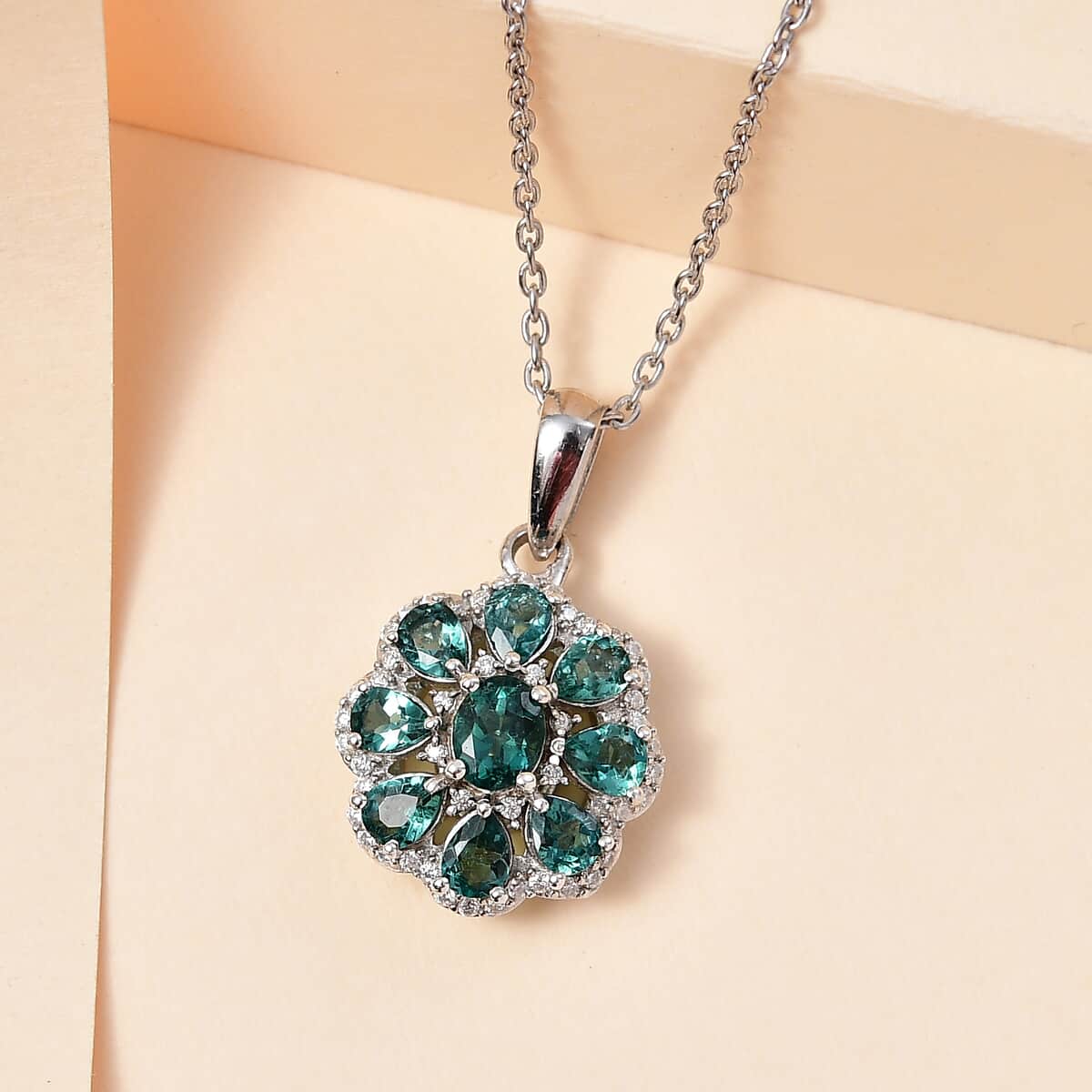 Indian Ocean Apatite and Moissanite Flower Pendant Necklace 20 Inches Platinum Over Sterling Silver 1.90 ctw image number 1