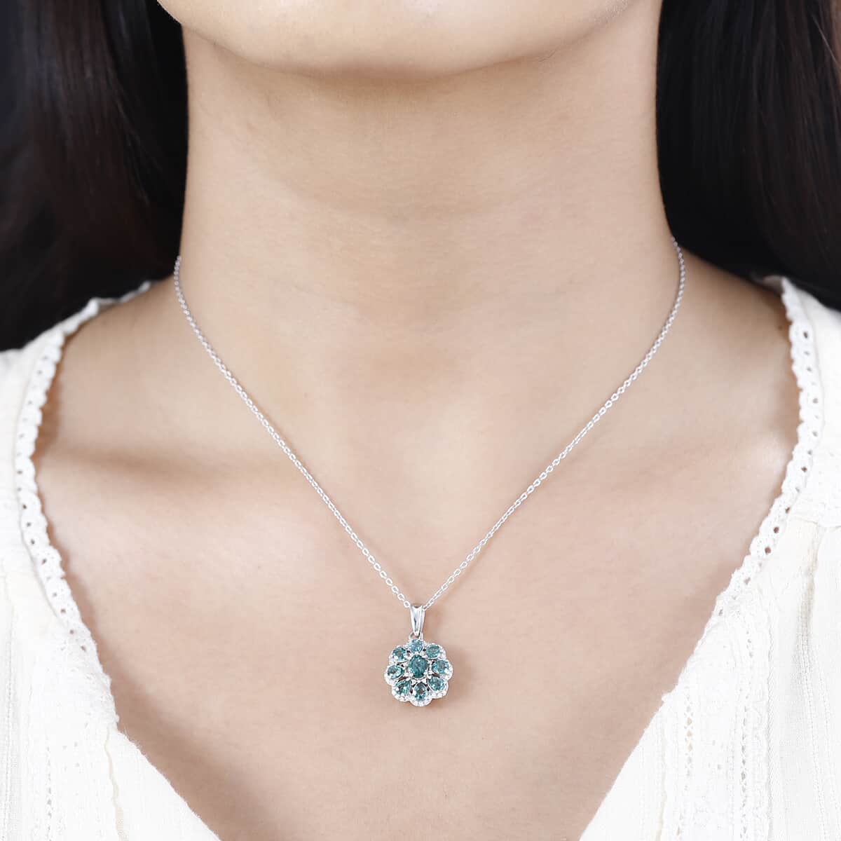 Indian Ocean Apatite and Moissanite Flower Pendant Necklace 20 Inches Platinum Over Sterling Silver 1.90 ctw image number 2