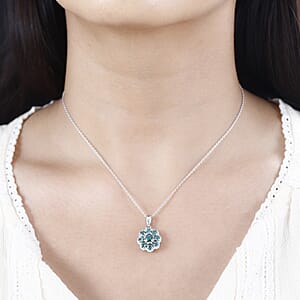 Indian Ocean Apatite and Moissanite Flower Pendant Necklace 20 Inches Platinum Over Sterling Silver 1.90 ctw