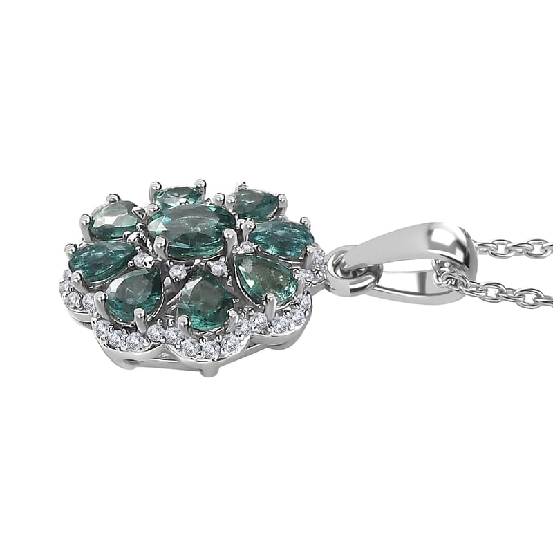Indian Ocean Apatite and Moissanite Flower Pendant Necklace 20 Inches Platinum Over Sterling Silver 1.90 ctw