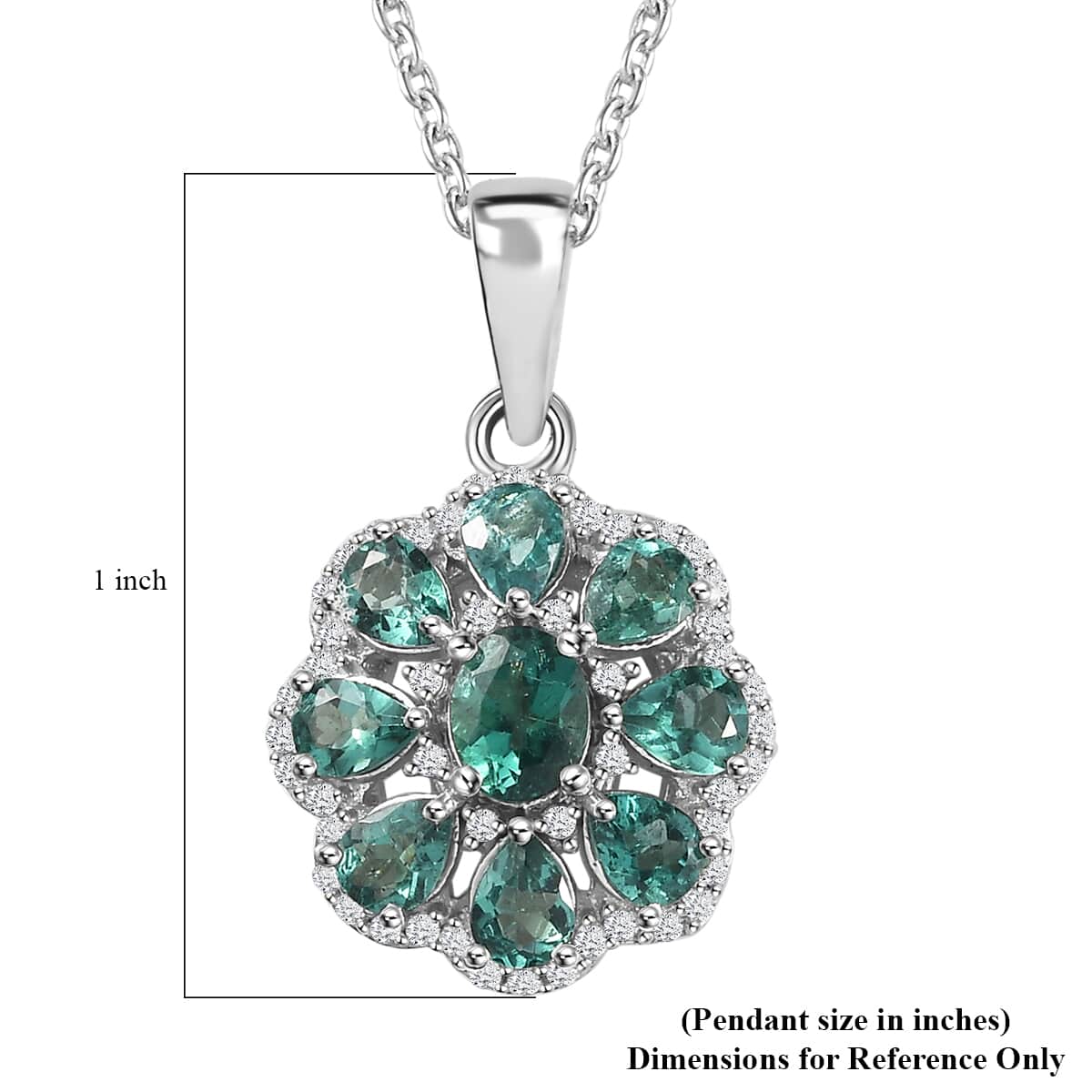 Indian Ocean Apatite and Moissanite Flower Pendant Necklace 20 Inches Platinum Over Sterling Silver 1.90 ctw image number 5