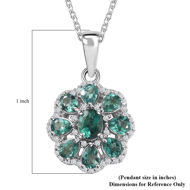 Indian Ocean Apatite and Moissanite Flower Pendant Necklace 20 Inches Platinum Over Sterling Silver 1.90 ctw