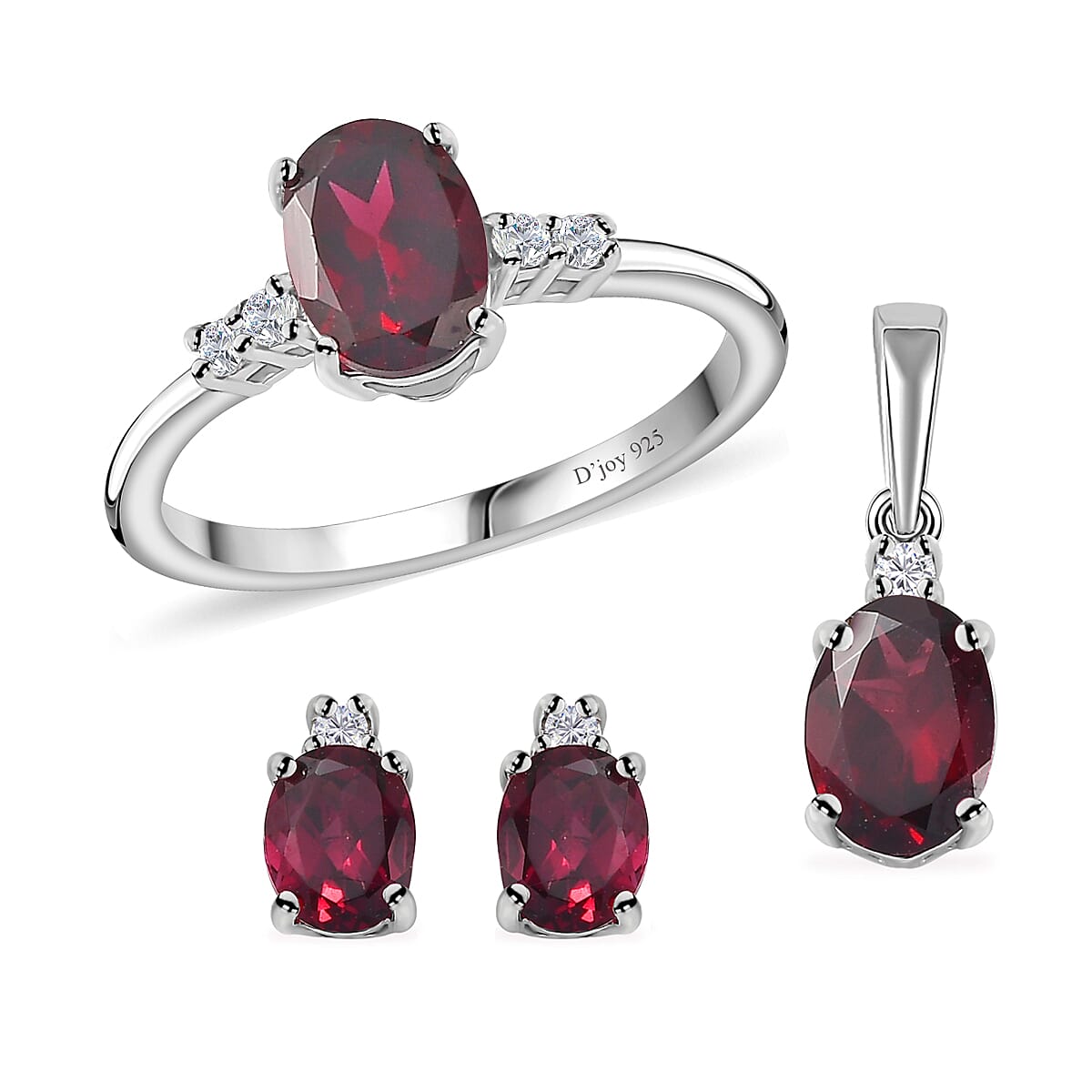 Orissa Rhodolite Garnet, White Zircon Ring (Size 5.0), Pendant and Earrings in Rhodium Over Sterling Silver 3.00 ctw image number 0