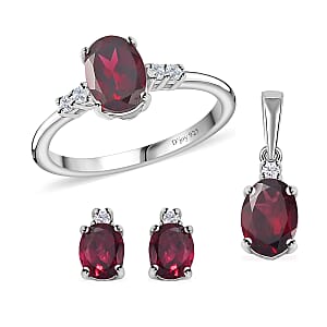 Orissa Rhodolite Garnet, White Zircon Ring (Size 8.0), Pendant without Chain and Earrings in Rhodium Over Sterling Silver 3.00 ctw