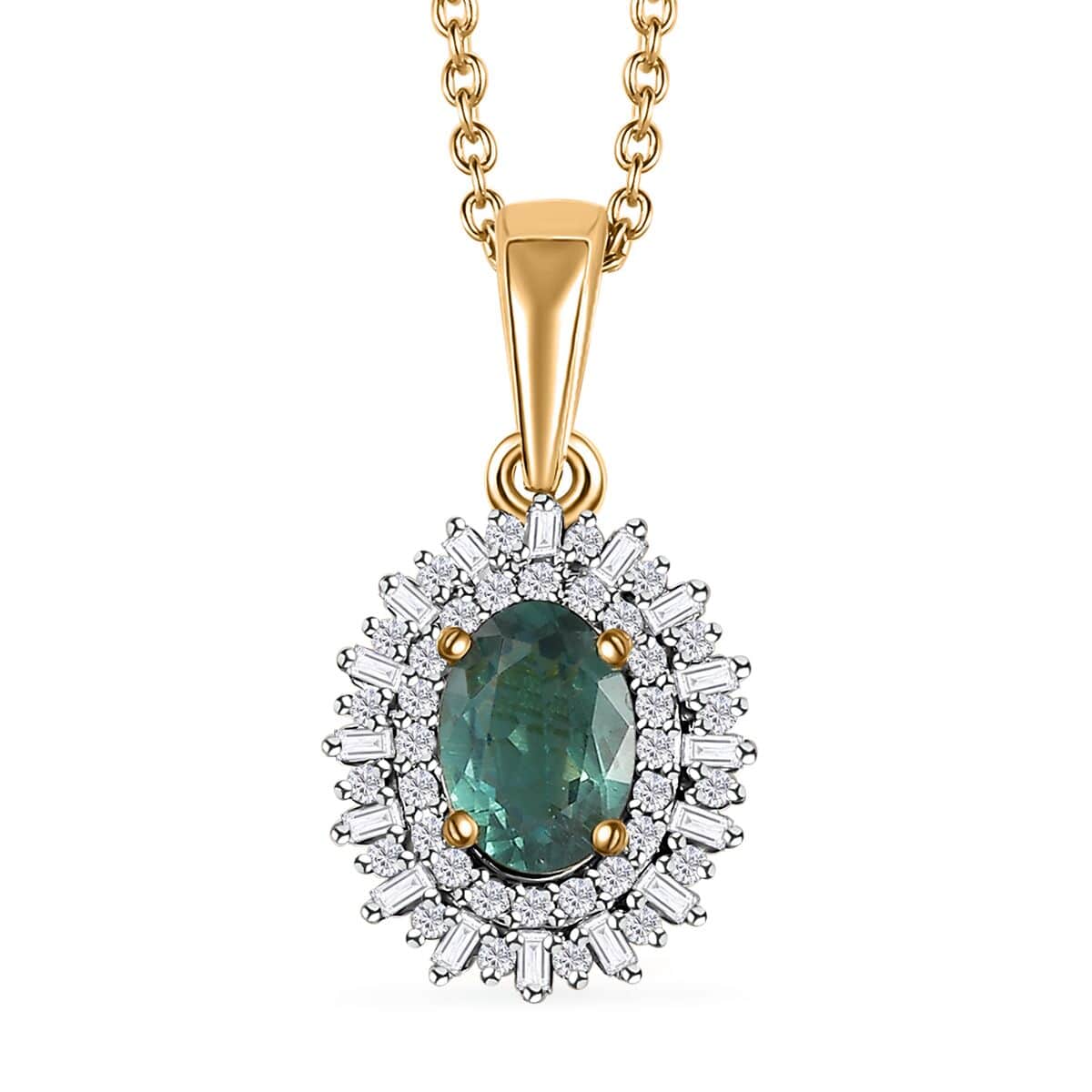 Premium Indian Ocean Apatite and Diamond Sunburst Pendant Necklace 20 Inches in Vermeil Yellow Gold Over Sterling Silver 1.15 ctw image number 0