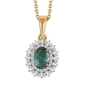 Premium Indian Ocean Apatite and Diamond Sunburst Pendant Necklace 20 Inches in Vermeil Yellow Gold Over Sterling Silver 1.15 ctw