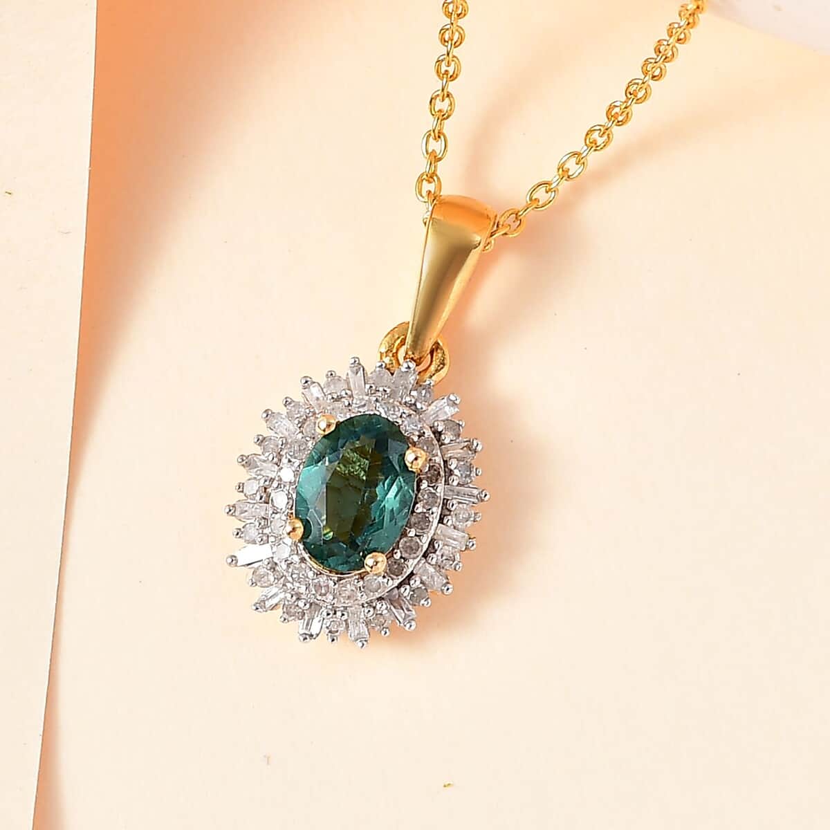 Premium Indian Ocean Apatite and Diamond Sunburst Pendant Necklace 20 Inches in Vermeil Yellow Gold Over Sterling Silver 1.15 ctw image number 1