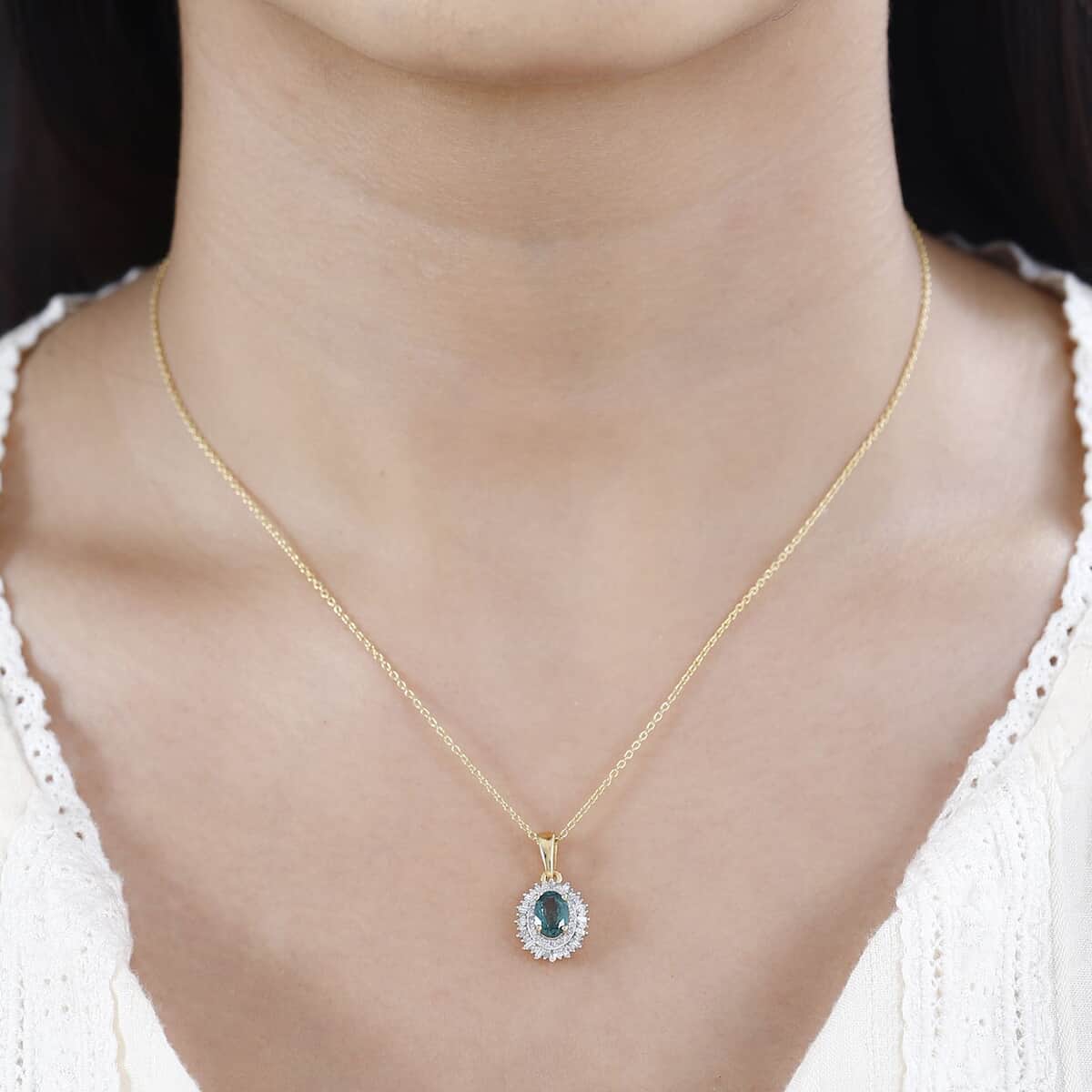 Premium Indian Ocean Apatite and Diamond Sunburst Pendant Necklace 20 Inches in Vermeil Yellow Gold Over Sterling Silver 1.15 ctw image number 2