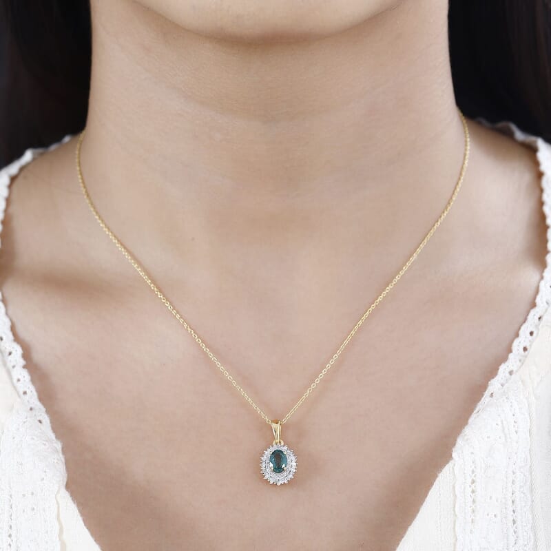 Premium Indian Ocean Apatite and Diamond Sunburst Pendant Necklace 20 Inches in Vermeil Yellow Gold Over Sterling Silver 1.15 ctw