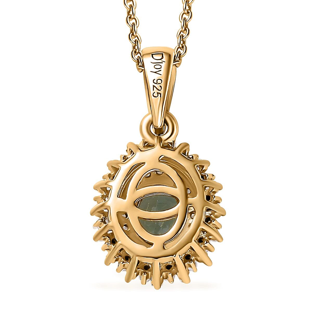 Premium Indian Ocean Apatite and Diamond Sunburst Pendant Necklace 20 Inches in Vermeil Yellow Gold Over Sterling Silver 1.15 ctw