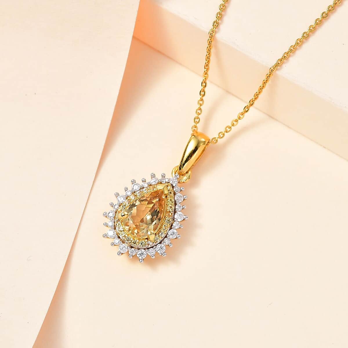 Brazilian Sunfire Beryl and Multi Gemstone Double Halo Pendant Necklace 20 Inches in Vermeil Yellow Gold Over Sterling Silver 1.60 ctw image number 1