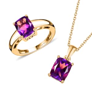 AAA Moroccan Amethyst Ring (Size 6.0) and Pendant Necklace 20 Inches in 18K Vermeil Yellow Gold Over Sterling Silver 4.30 ctw