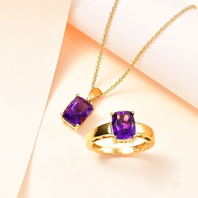 AAA Moroccan Amethyst Ring (Size 8.0) and Pendant Necklace 20 Inches in 18K Vermeil Yellow Gold Over Sterling Silver 4.30 ctw