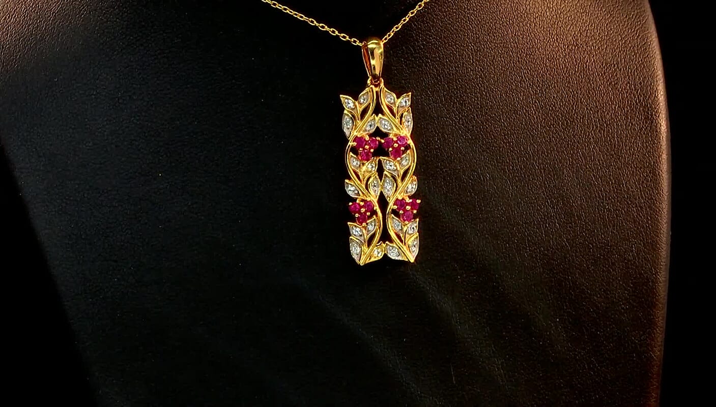 African Ruby and White Zircon 0.85 ctw Pendant Necklace (18 Inches) in 14K YG Over Sterling Silver