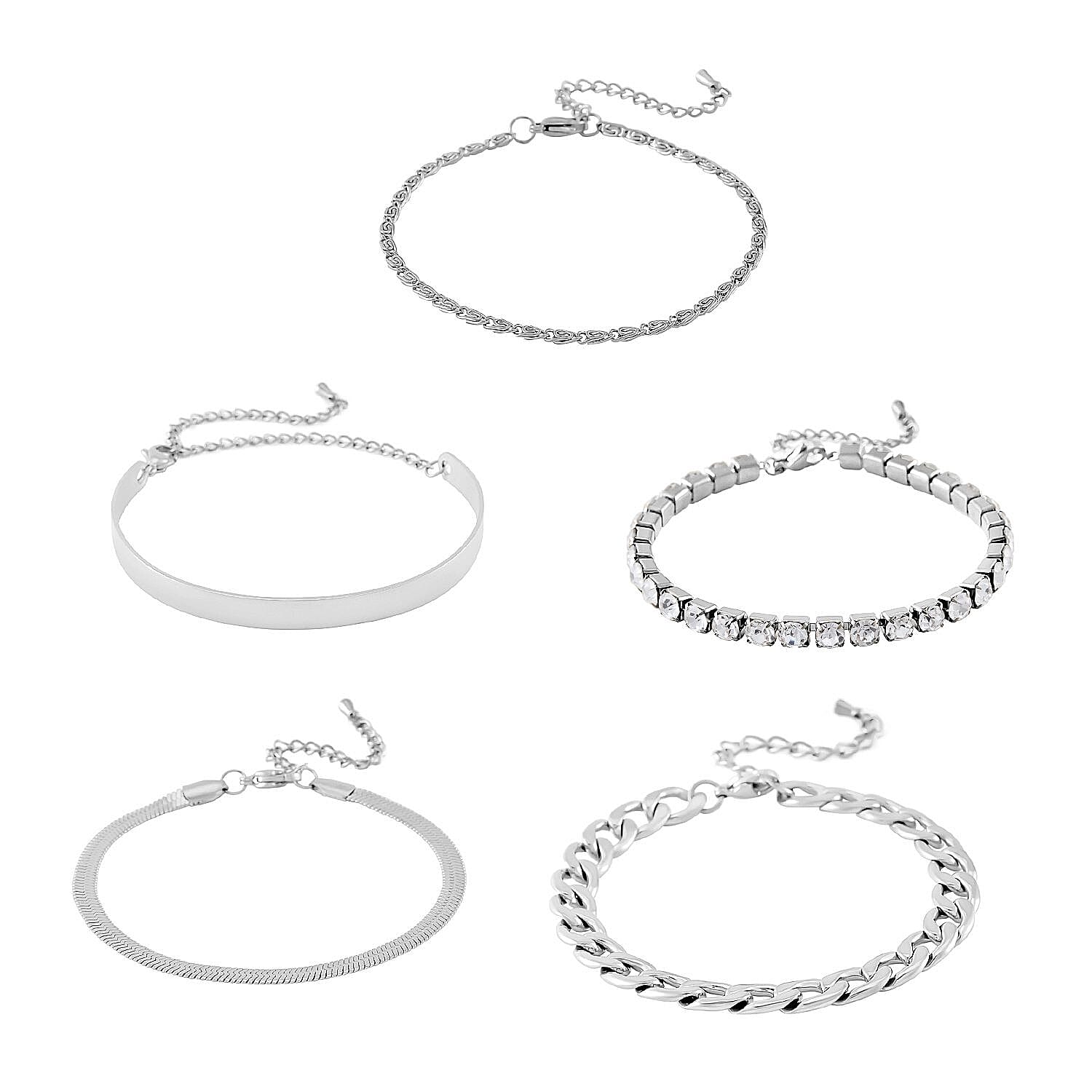 White Swarovski Crystal Bracelet (7.50 In) and Bangle Bracelet (Adjustable) in Stainless Steel