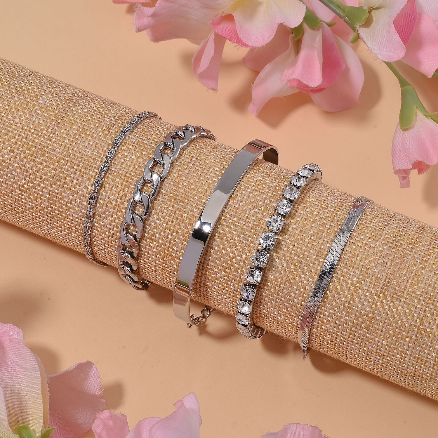 White Swarovski Crystal Bracelet (7.50 In) and Bangle Bracelet (Adjustable) in Stainless Steel