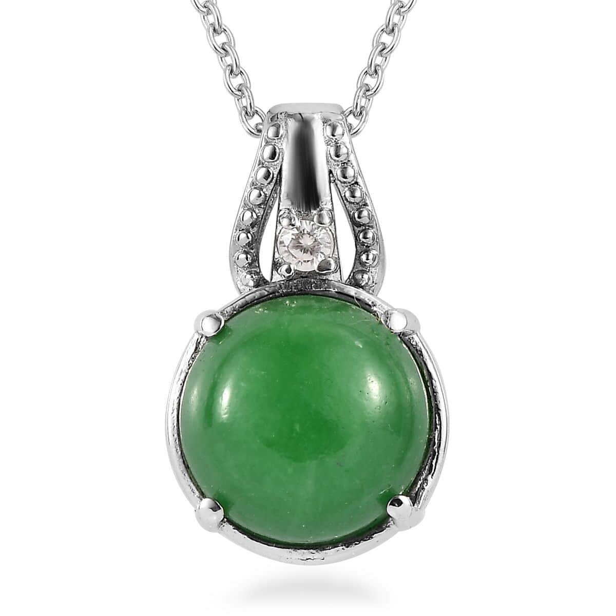 Green Jade (D) and White Zircon Pendant Necklace 20 Inches in Stainless Steel 8.15 ctw image number 0