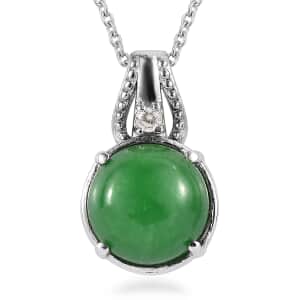 Green Jade (D) and White Zircon Pendant Necklace 20 Inches in Stainless Steel 8.15 ctw