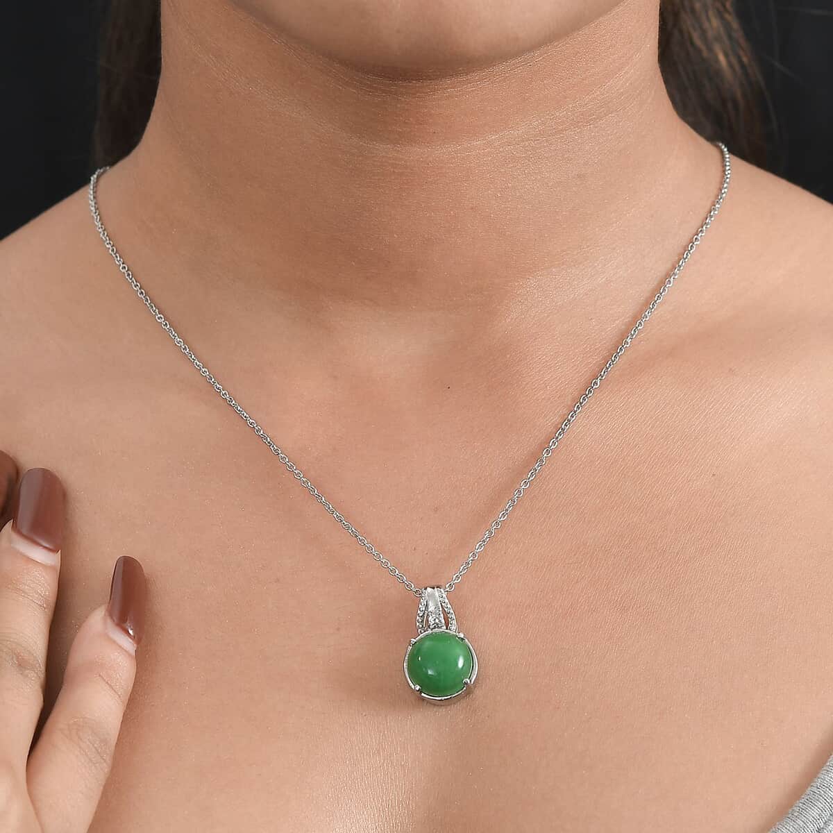 Green Jade (D) and White Zircon Pendant Necklace 20 Inches in Stainless Steel 8.15 ctw image number 1