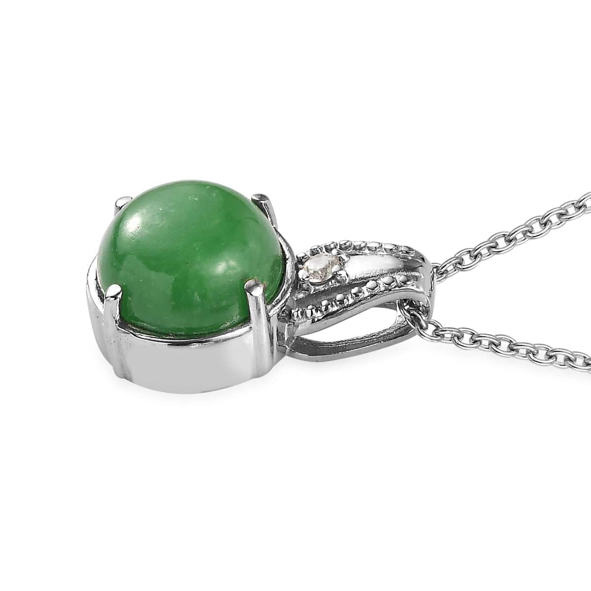 Green Jade (D) and White Zircon Pendant Necklace 20 Inches in Stainless Steel 8.15 ctw image number 2