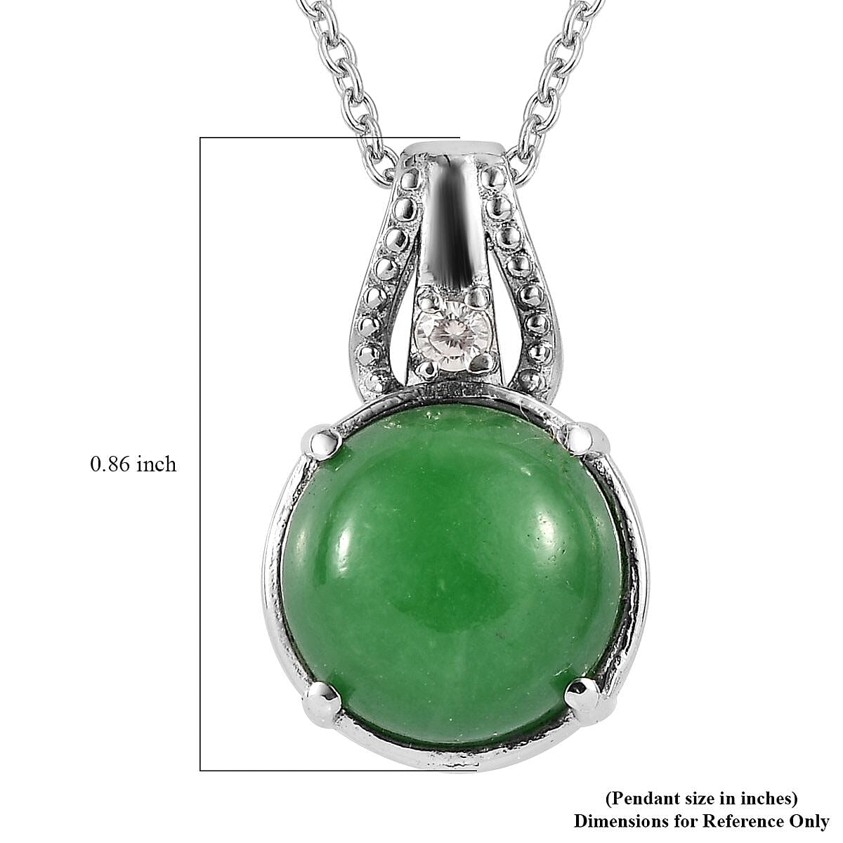 Green Jade (D) and White Zircon Pendant Necklace 20 Inches in Stainless Steel 8.15 ctw