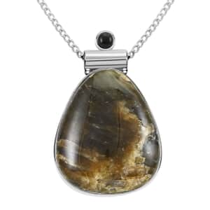 Labradorite and Obsidian Pendant Necklace 18 Inches in Silvertone 12.40 ctw