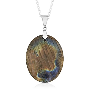 Labradorite Pendant Necklace 18 Inches in Silvertone 15.50 ctw