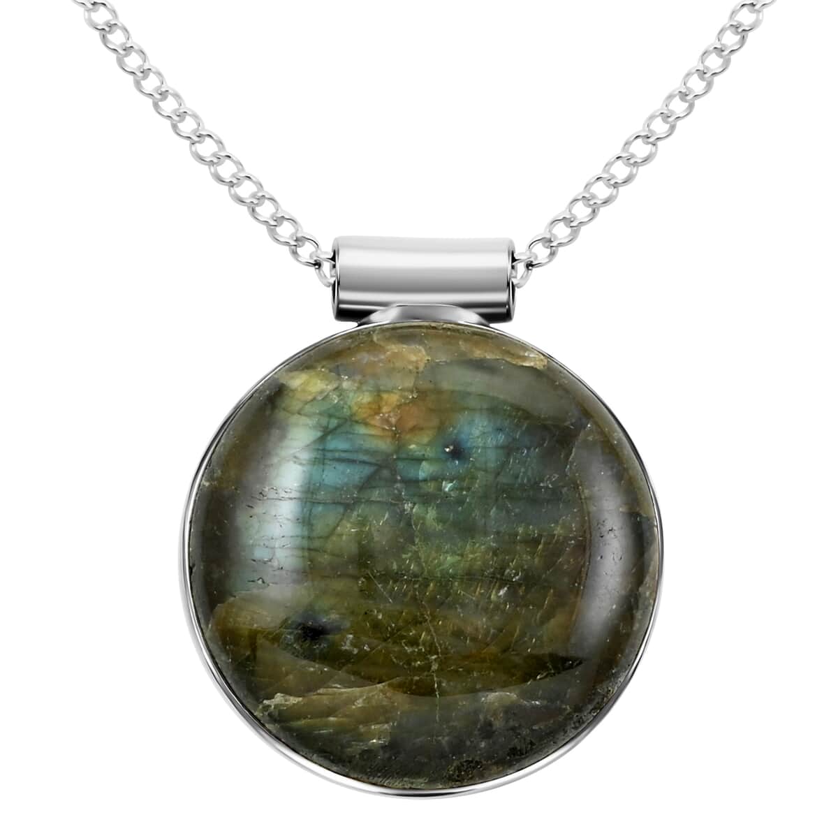Labradorite Round Pendant Necklace 18 Inches in Silvertone 14.00 ctw image number 0