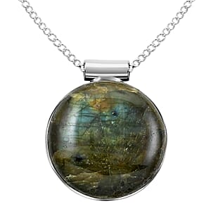 Labradorite Round Pendant Necklace 18 Inches in Silvertone 14.00 ctw