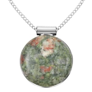 Ruby Zoisite Round Pendant Necklace 20 Inches in Silvertone 38.00 ctw