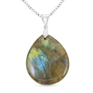 Labradorite Drop Pendant Necklace 20 Inches in Silvertone 26.00 ctw