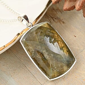 Labradorite Rectangular Pendant Necklace 20 Inches in Silvertone 25.00 ctw