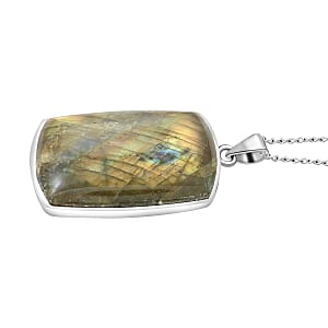 Labradorite Rectangular Pendant Necklace 20 Inches in Silvertone 25.00 ctw