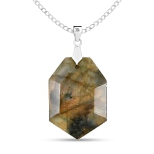 Labradorite Fancy Pendant Necklace 18 Inches in Silvertone 25.00 ctw