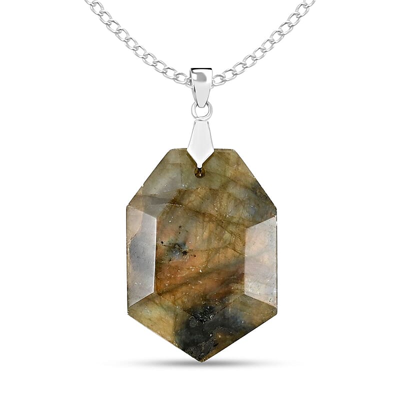 Labradorite Fancy Pendant Necklace 18 Inches in Silvertone 25.00 ctw