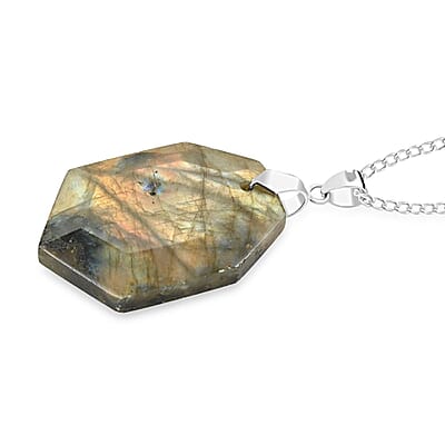 Labradorite Fancy Pendant Necklace 18 Inches in Silvertone 25.00 ctw