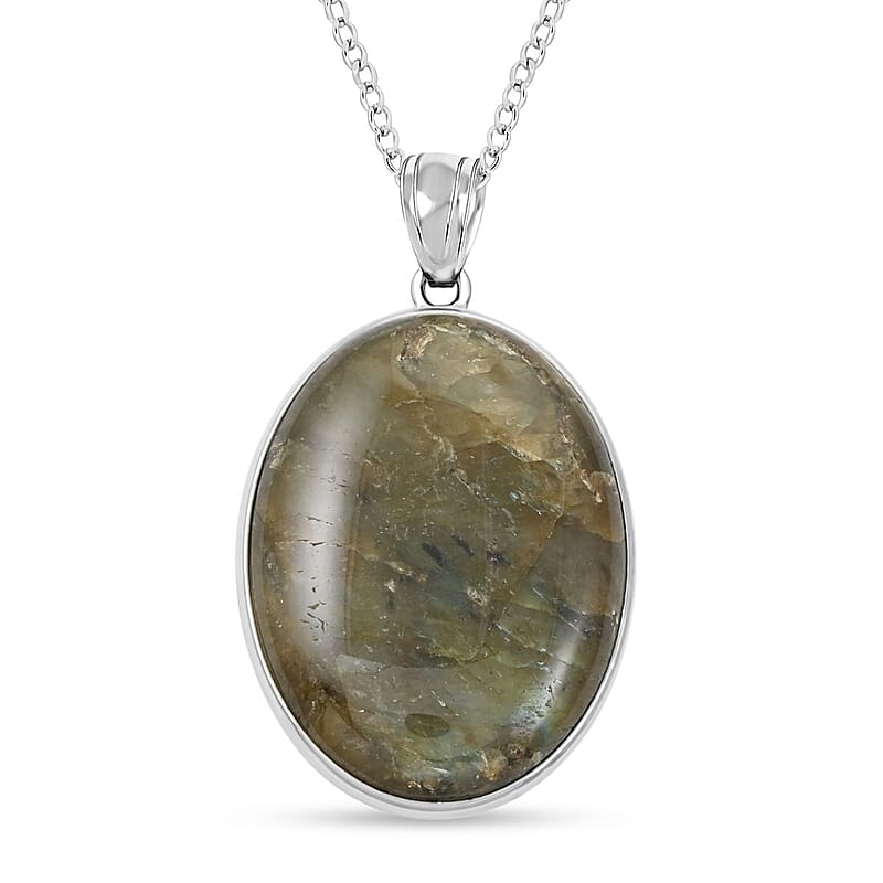 Labradorite Oval Pendant Necklace 18 Inches in Silvertone 45.00 ctw
