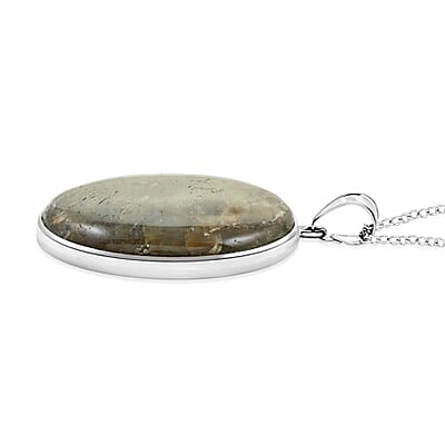 Labradorite Oval Pendant Necklace 18 Inches in Silvertone 45.00 ctw