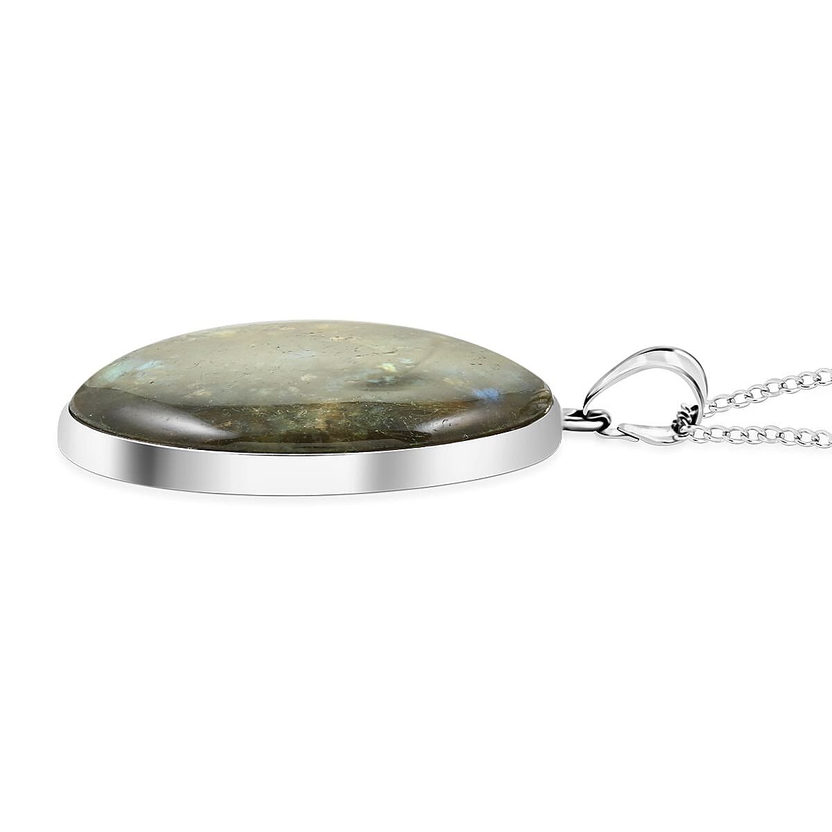 Labradorite Circular Pendant Necklace 18 Inches in Silvertone 32.50 ctw