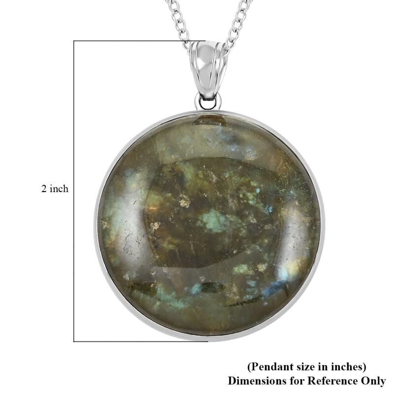 Labradorite Circular Pendant Necklace 18 Inches in Silvertone 32.50 ctw