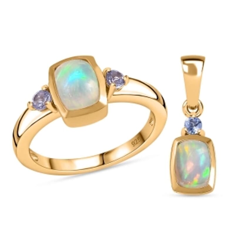 Ethiopian Welo Opal and Tanzanite 1.38 ctw Ring (Size 8.0) and Pendant in Vermeil Yellow Gold Over Sterling Silver