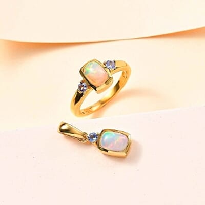 Ethiopian Welo Opal and Tanzanite 1.38 ctw Ring (Size 8.0) and Pendant in Vermeil Yellow Gold Over Sterling Silver