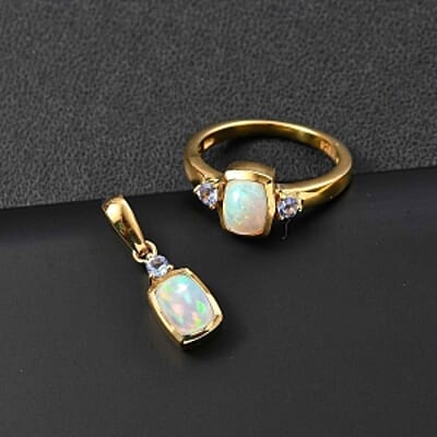Ethiopian Welo Opal and Tanzanite 1.38 ctw Ring (Size 8.0) and Pendant in Vermeil Yellow Gold Over Sterling Silver