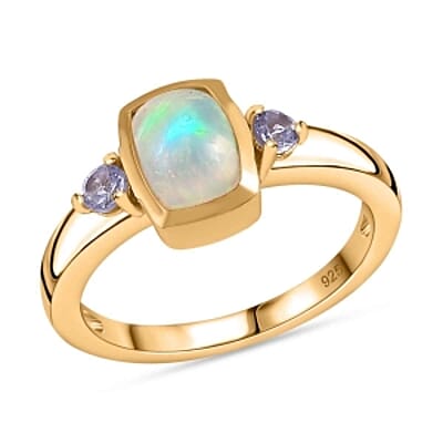 Ethiopian Welo Opal and Tanzanite 1.38 ctw Ring (Size 8.0) and Pendant in Vermeil Yellow Gold Over Sterling Silver