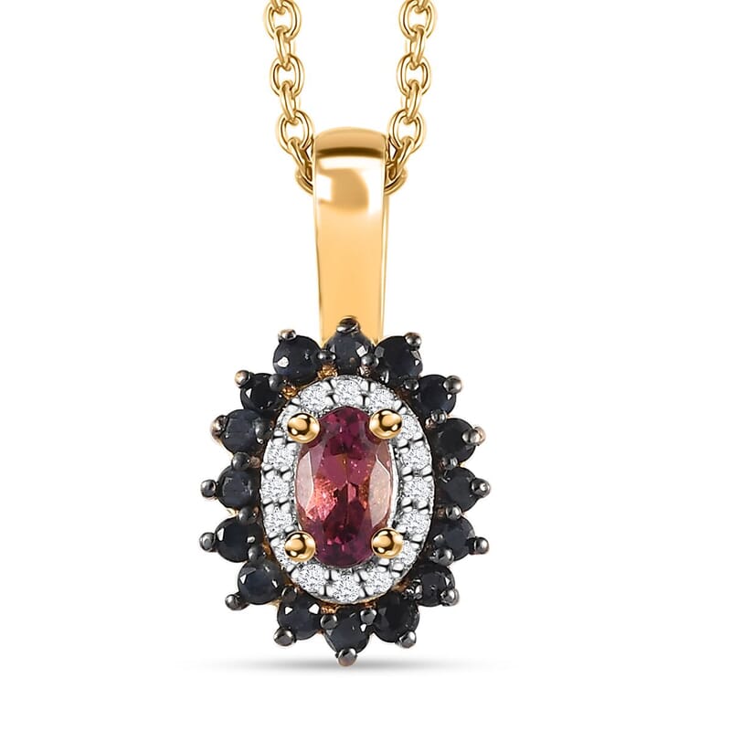 Ofiki Rubellite and Multi Gemstone Double Halo Pendant Necklace 20 Inches in Vermeil Yellow Gold Over Sterling Silver 0.65 ctw