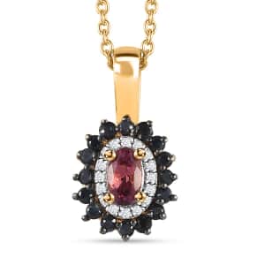 Ofiki Rubellite and Multi Gemstone Double Halo Pendant Necklace 20 Inches in Vermeil Yellow Gold Over Sterling Silver 0.65 ctw (Del. in 8-10 Days)
