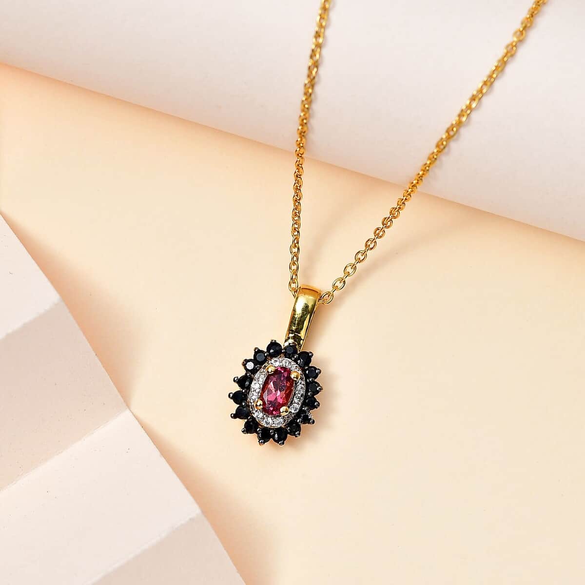 Ofiki Rubellite and Multi Gemstone Double Halo Pendant Necklace 20 Inches in Vermeil Yellow Gold Over Sterling Silver 0.65 ctw image number 1