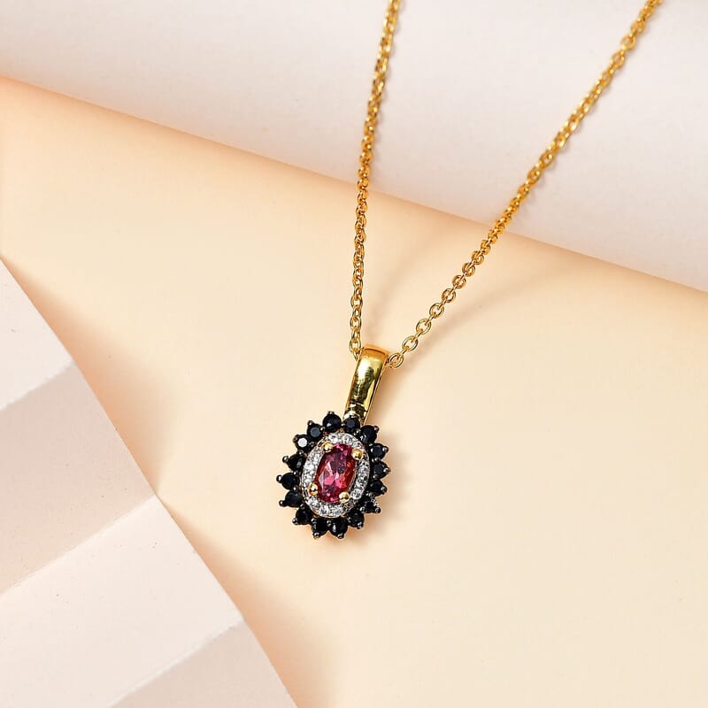 Ofiki Rubellite and Multi Gemstone Double Halo Pendant Necklace 20 Inches in Vermeil Yellow Gold Over Sterling Silver 0.65 ctw