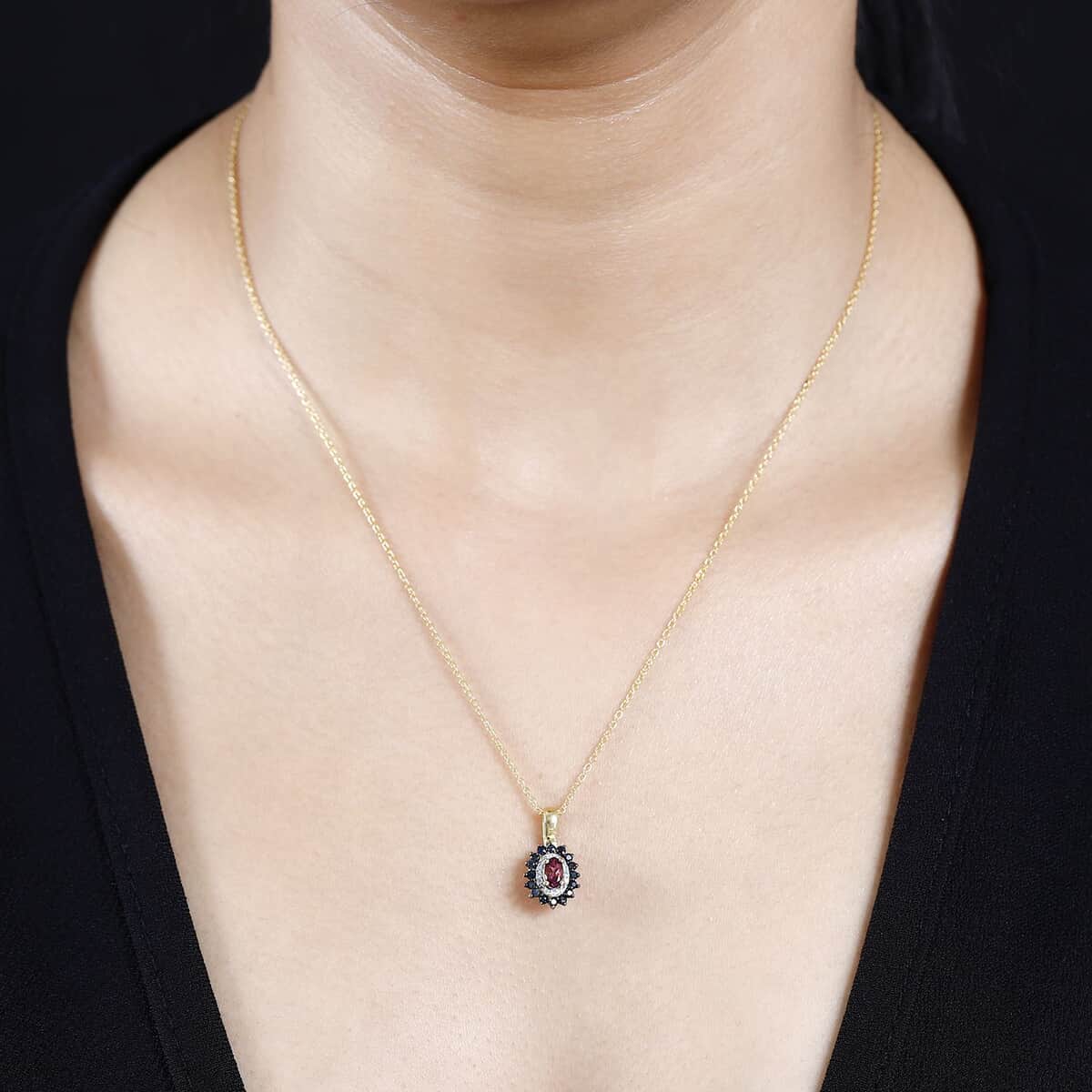 Ofiki Rubellite and Multi Gemstone Double Halo Pendant Necklace 20 Inches in Vermeil Yellow Gold Over Sterling Silver 0.65 ctw image number 2
