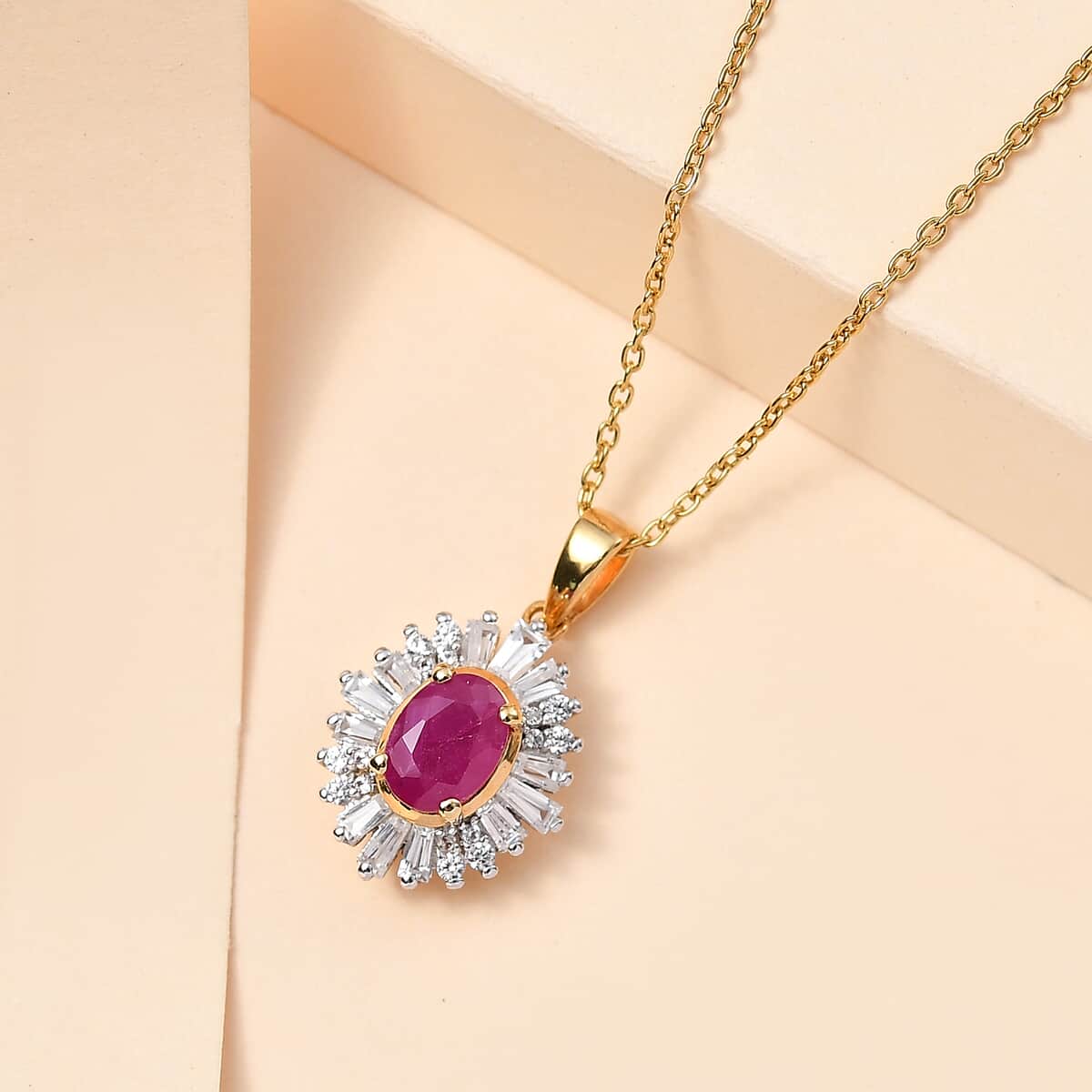 Premium Taveta Ruby and White Zircon Ballerina Pendant Necklace 20 Inches in Vermeil Yellow Gold Over Sterling Silver 1.90 ctw image number 1